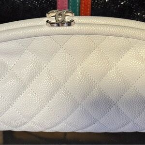 CHANEL White Quilted Clutch with Silver Accent